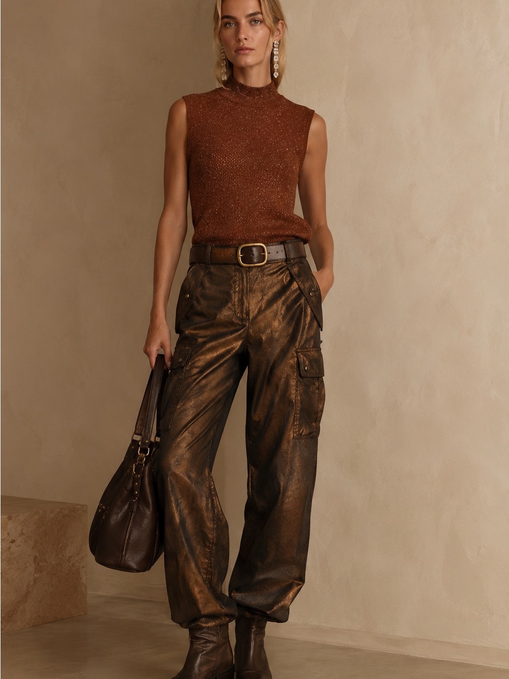 Silk Metallic Copper Sleeveless Mock Neck Top Large